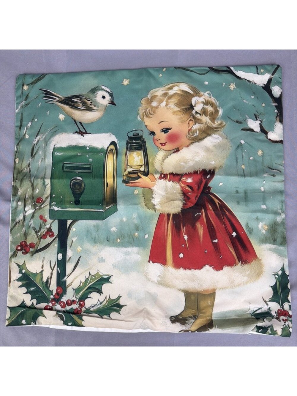 Christmas Pillow COVER 17.5" Retro Kitchy Retro Snowbird Little Girl VTG Repro
